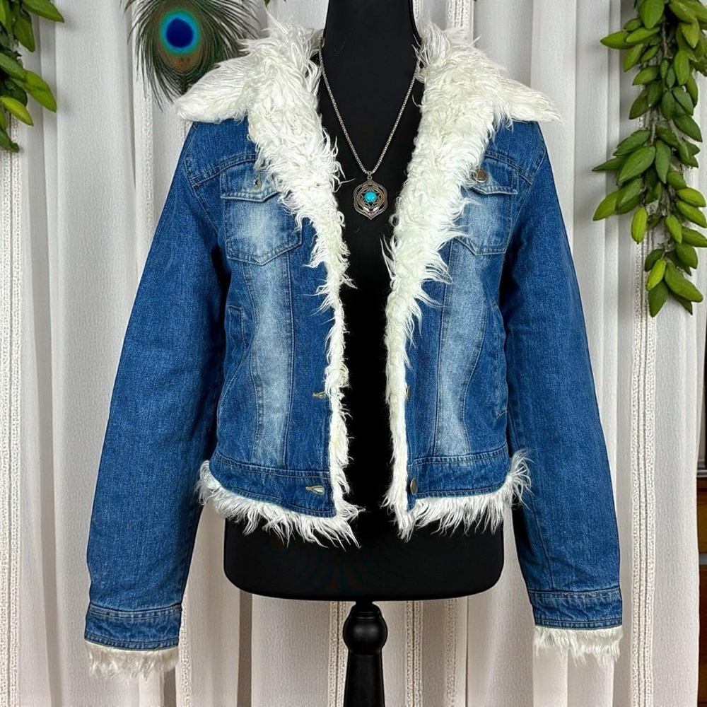 Vintage Zerotime Fur Shag Trim Retro Denim Jacket Medium